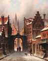 A snow-covered street in Delft, with the church spire of the Oude Jan in the background - Eduard Alexander Hilverdink