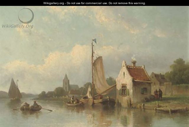 A river landscape with fishermen in their boats - Eduard Alexander Hilverdink