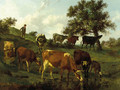 A hilly landscape with a herdsboy and cows drinking by a brook - Edouard Woutermaertens