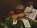 Vanitas still lifewith an astrological globe, a violin, a skull, an hourglass, an open book, a score, a watch, a lute and other musical instruments - Edwaert Collier