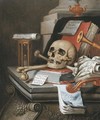 A vanitas still life with an hour glass, a skull and crossbones, a scroll, two books, music scores, a flute, a violin, a sheet of paper - Edwaert Collier