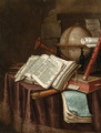 A Vanitas still life with a globe, musical instruments, a score and an emblem book on a draped table before a column - Edwaert Collier