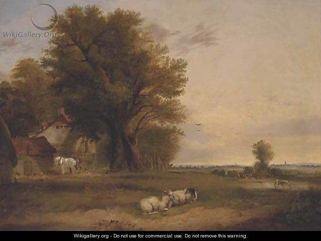 Sheep and cattle in a summer landscape - Edward Charles Williams