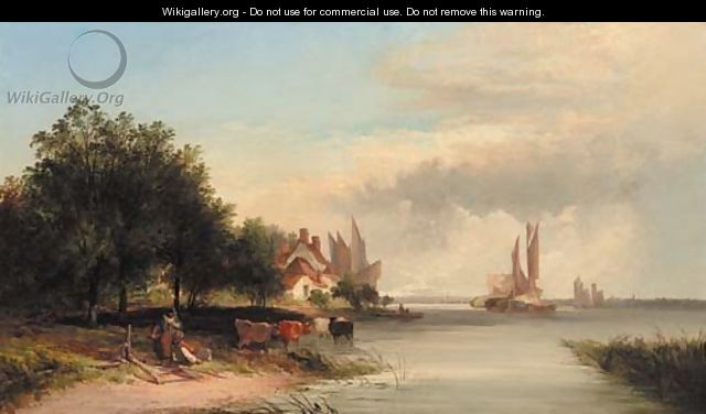 Figures resting by a cottage in an extensive river estuary landscape - Edward Charles Williams