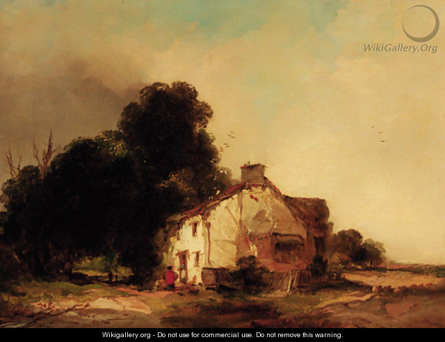 Figures before a cottage in a wooded landscape - Edward Charles Williams