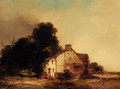 Figures before a cottage in a wooded landscape - Edward Charles Williams