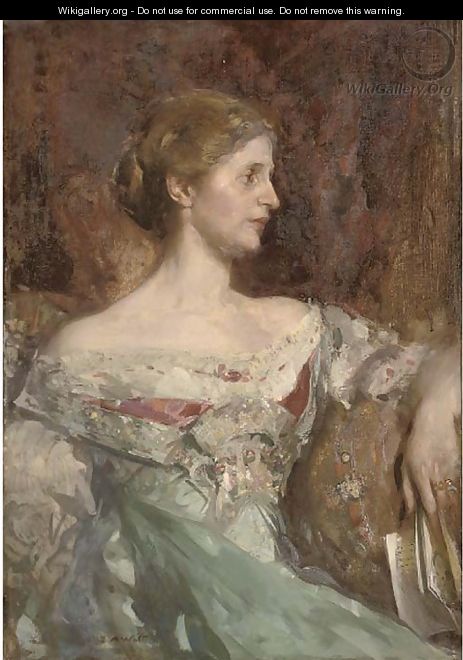 Portrait of Jane Bury, seated half-length, in a blue dress, holding a book - Edward Arthur Walton