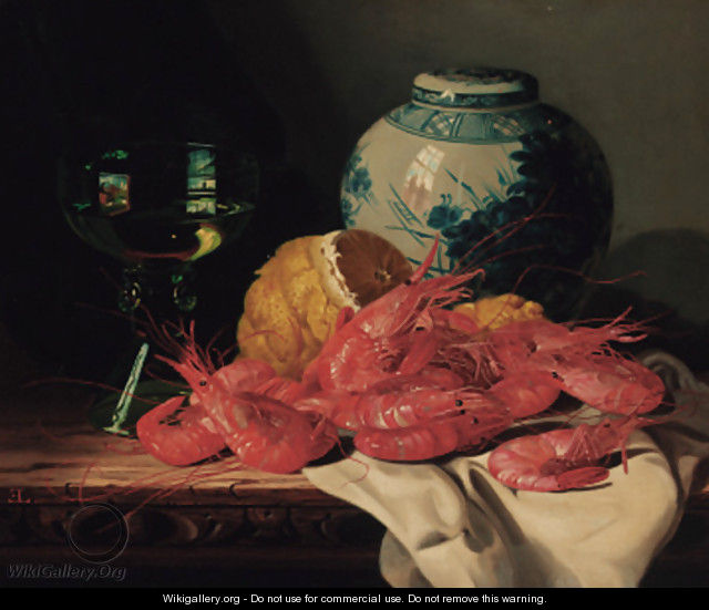 Shrimps, a peeled lemon, a glass of wine and a blue and white ginger jar, on a draped table - Edward Ladell