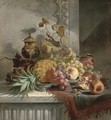 Pineapple, grapes, plums, pomegranate, peaches on a silver tray, on a marble ledge - Edward Ladell