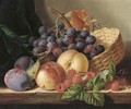 Grapes, peaches, raspberries, and plums with a basket on a wooden shelf - Edward Ladell