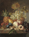Grapes, peaches, cherries, walnuts, hazelnuts, a pear and a pineapple on a ledge - Edward Ladell