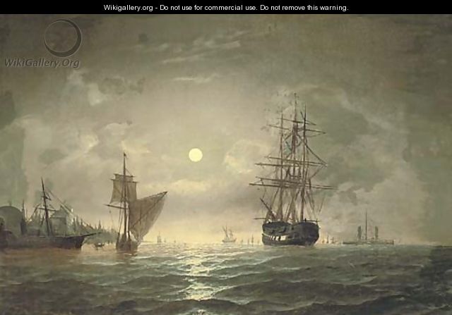 An armed merchantman and other shipping in the Bosphorous off Constantinople, by moonlight - Edward Hoyer