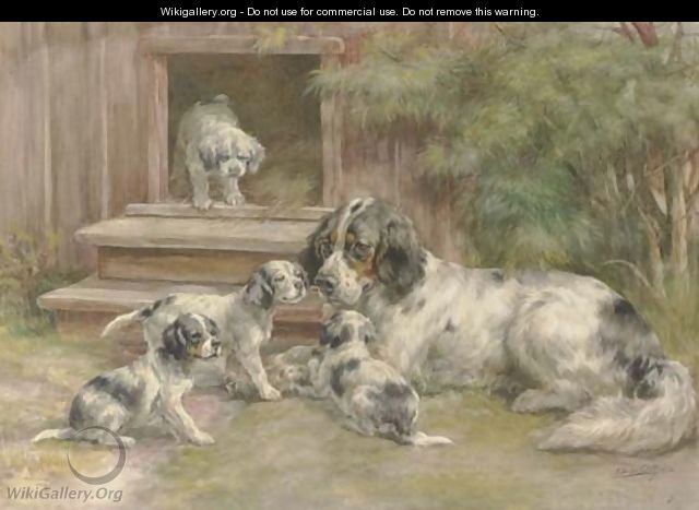 A Setter and her puppies outside a kennel - Edmund Henry Osthaus