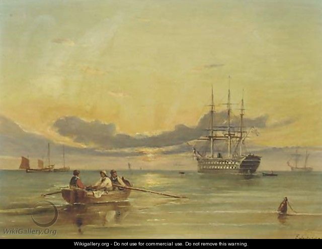 A screw two-decker lying at anchor at dusk - Ebenezer Colls