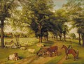 A wayside conversation in a park, with a village beyond - Edwin Frederick Holt