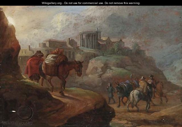 An Italianate landscape with travellers and packhorses on mountain paths - Dutch-Italianate School