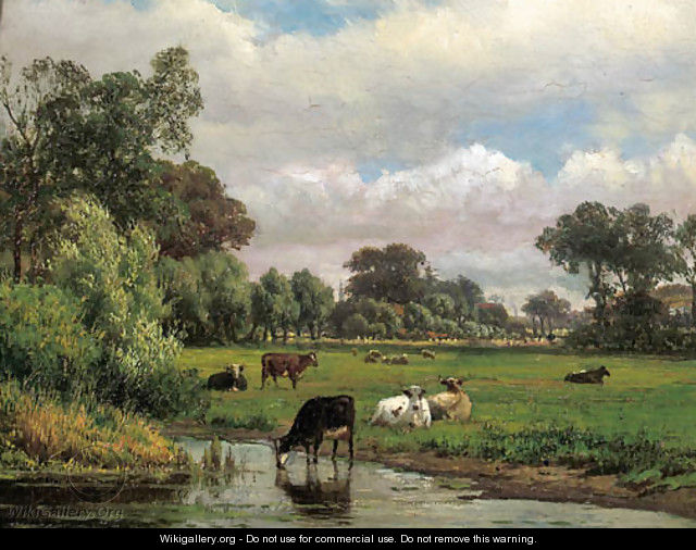 Cows in a meadow, with a village in the distance - Dutch School