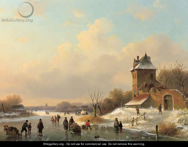 A winter landscape with skaters by a fortified mansion - Dutch School
