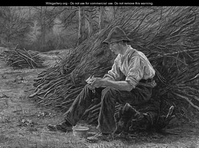 A Woodcutter sitting on a Log eating Lunch - Edith Martineau