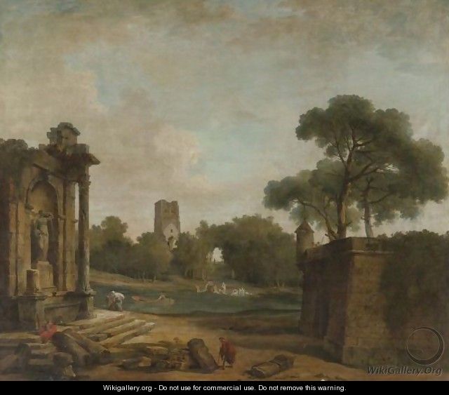 Figures In A Landscape With Roman Ruins And A Gothic Tower - Hubert Robert