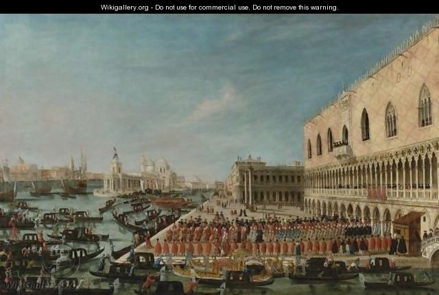 A View Of The Molo, Venice, Looking West With A Procession Of Ambassadors And Attendants Entering The Palazzo Ducale - Gabriele Bella