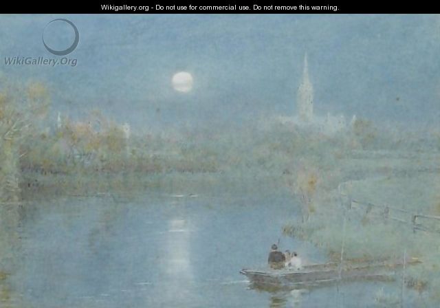 Figures Boating Before Salisbury Cathedral In The Moonlight - Albert Goodwin