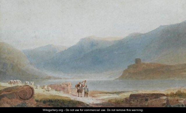 A Man With A Harp And His Son Near Dolbadern Castle, Llanberis - David Cox
