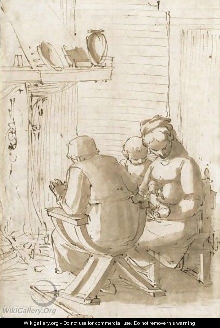 The Holy Family Seated Before A Hearth 2 - Luca Cambiaso