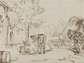 A Village Street, With A Horse And Rider Accompanied By Dogs To The Right, And Three Cows Towards The Left - (after) Rembrandt Van Rijn