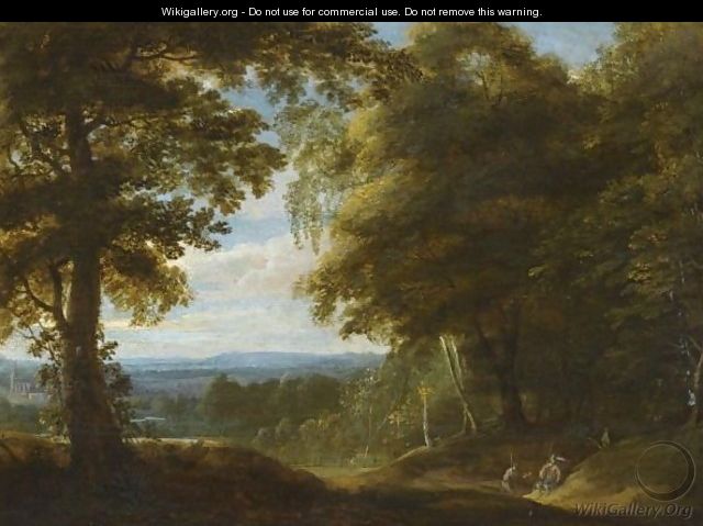 A Wooded Landscape With Two Hunters Resting Beside A Track - Cornelis Huysmans