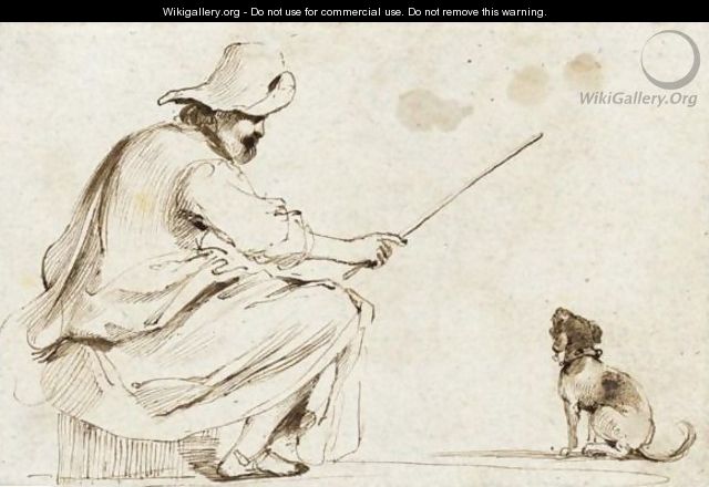 A Seated Man Wearing A Hat And Holding A Cane To Train A Dog - Giovanni Francesco Guercino (BARBIERI)