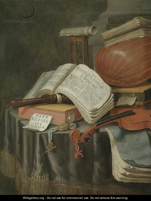 A Vanitas Still Life With Books And Manuscripts, A Recorder, A Lute, A Violin, An Hourglass And A Compass, All On A Draped Table - Edwart Collier
