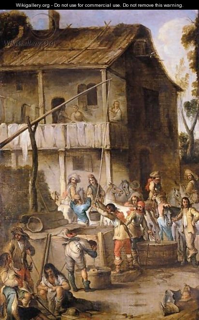 Soldiers Before A Tavern Drawing Water From A Well And Watering Their Horses - Cornelis de Wael