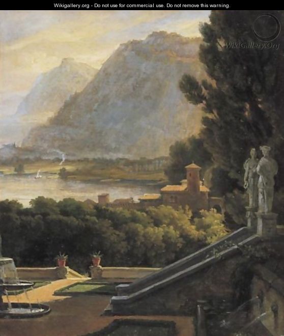 View Of The Gardens Of A Lakeside Villa - French School