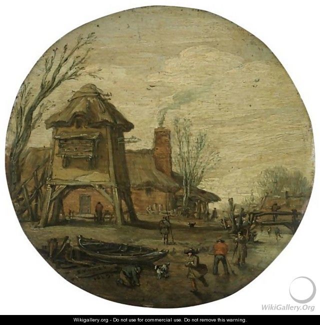 A Winter Landscape With Figures Skating And Playing Kolf On A Frozen River, Before A Large Dovecote And A Cottage - Esaias Van De Velde