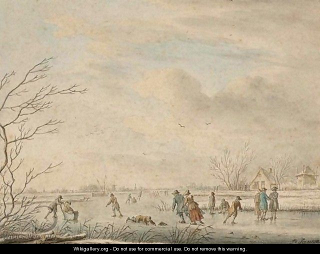 A Winterlandscape With Skaters On The Ice - Johannes Janson