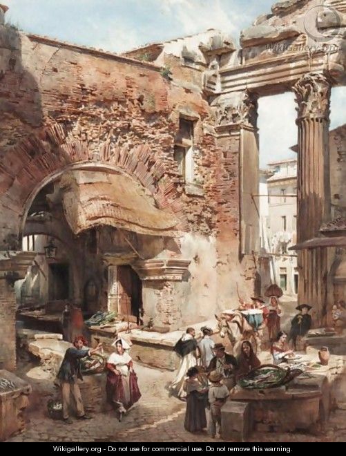 An Italian Market Scene By Roman Ruins - Ludwig Passini