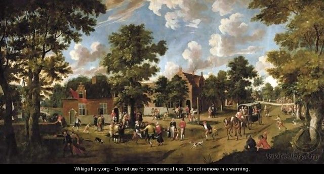 A Village Scene With Peasants Merrymaking Outside An Inn And Travellers In A Horse And Cart Passing Through - Flemish School