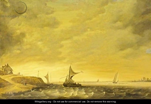 A River Landscape With Sailing Boats In Choppy Waters And Figures Conversing On The Shore - (after) Jan Van Goyen