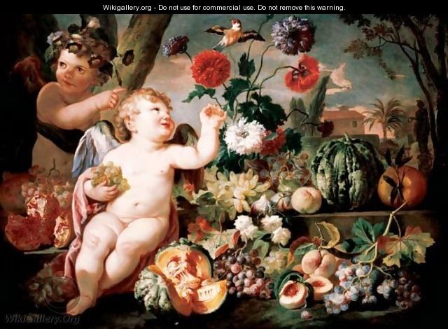A Still Life With Two Putti, Grapes, Melons, Pomegranates, Peaches And Flowers In An Exotic Landscape - Franz Werner von Tamm