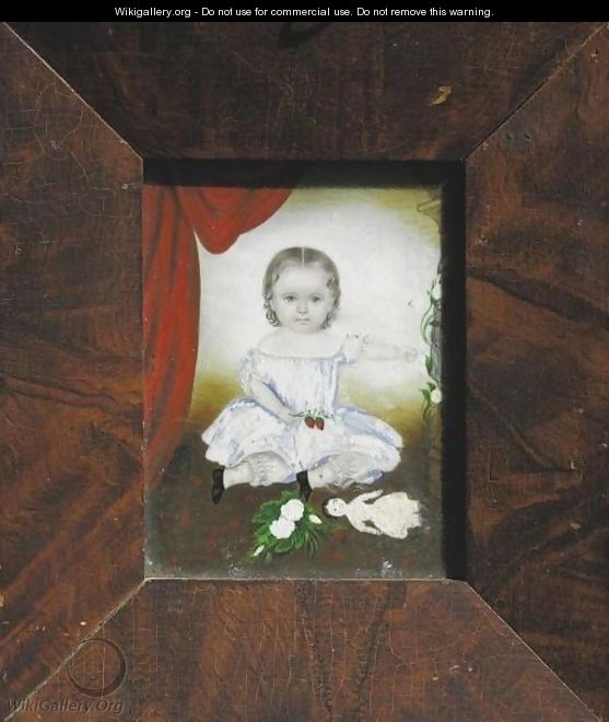 A Miniature Portrait Of A Little Girl With Strawberries, Roses, Bird Cage And Doll - Clarissa Peters