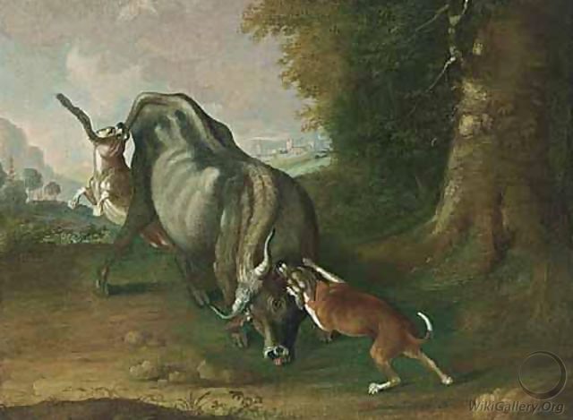 A Bull Attacked By Two Hounds - German School