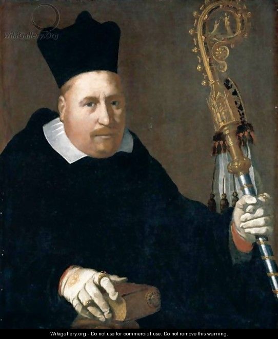 Portrait Of A Bishop, Half Length, Wearing Black And Holding A Crozier - Roman School