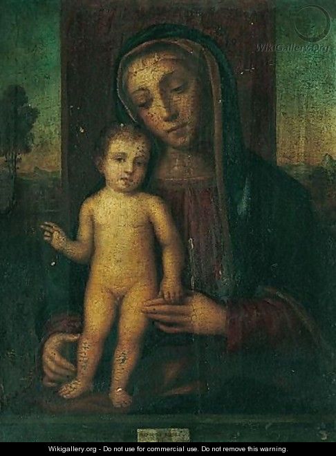 The Madonna And Child Enthroned, A Landscape Beyond - (after) Francesco Bissolo