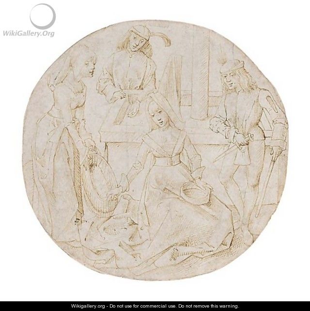 A Roundel Design An Interior Scene With Four Figures - Netherlandish School