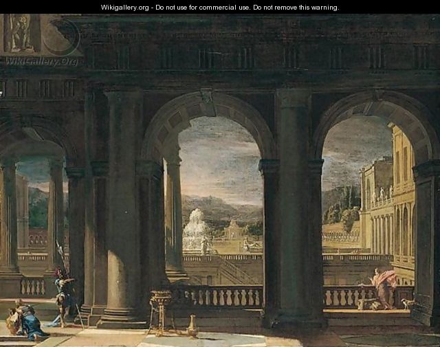 An architectural capriccio with figures near a balcony - Thomas Blanchet