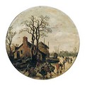 A winter landscape with figures skating and sledging on the ice outside village - Jan van Goyen