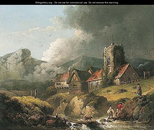 Figures Crossing A Stream With A Church Beyond - George Morland
