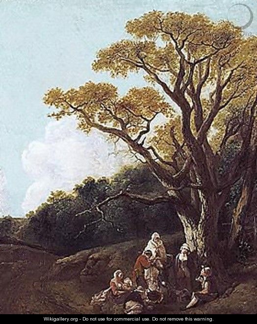 Wooded Landscape With Peasants And Donkey Round A Fire, Figures And Distant Church (The Gypsies) - Thomas Gainsborough