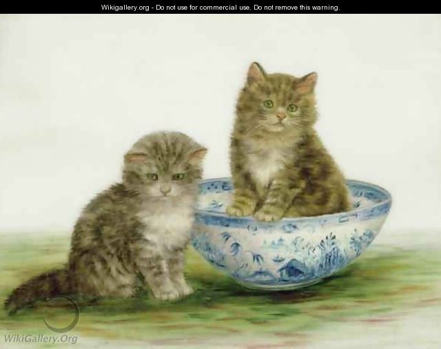Kitten in a Blue China Bowl - Bessie Bamber